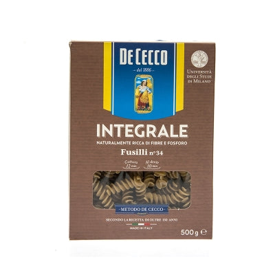 Pasta Fusilli Integral De Cecco 500 Gr