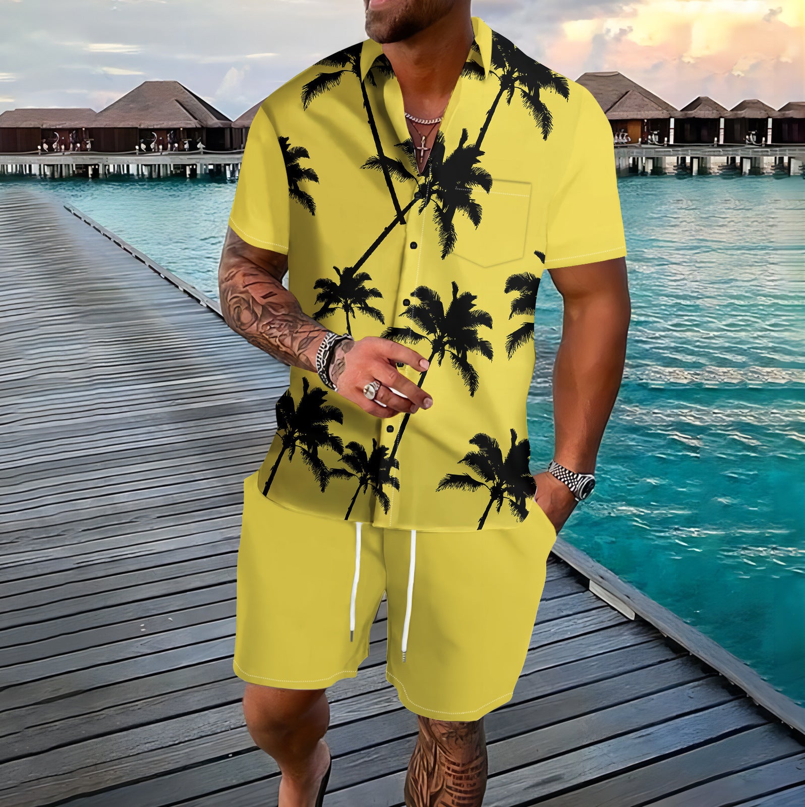 Coconut Tree 3d Printed Short Sleeve Shorts Suit