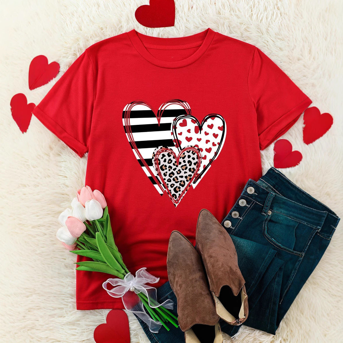 Heart Printing Pullover Pure Cotton Short Sleeve T-shirt