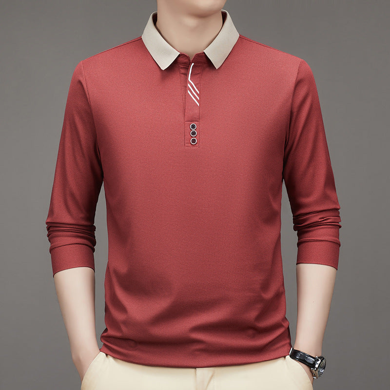 New Men's Autumn Business Fit Solid Color Polo Collar Bottoming Shirt