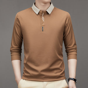 New Men's Autumn Business Fit Solid Color Polo Collar Bottoming Shirt