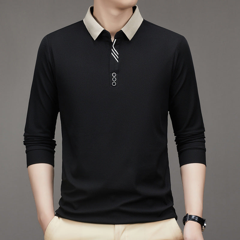 New Men's Autumn Business Fit Solid Color Polo Collar Bottoming Shirt