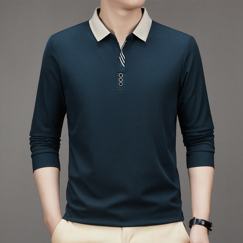 New Men's Autumn Business Fit Solid Color Polo Collar Bottoming Shirt