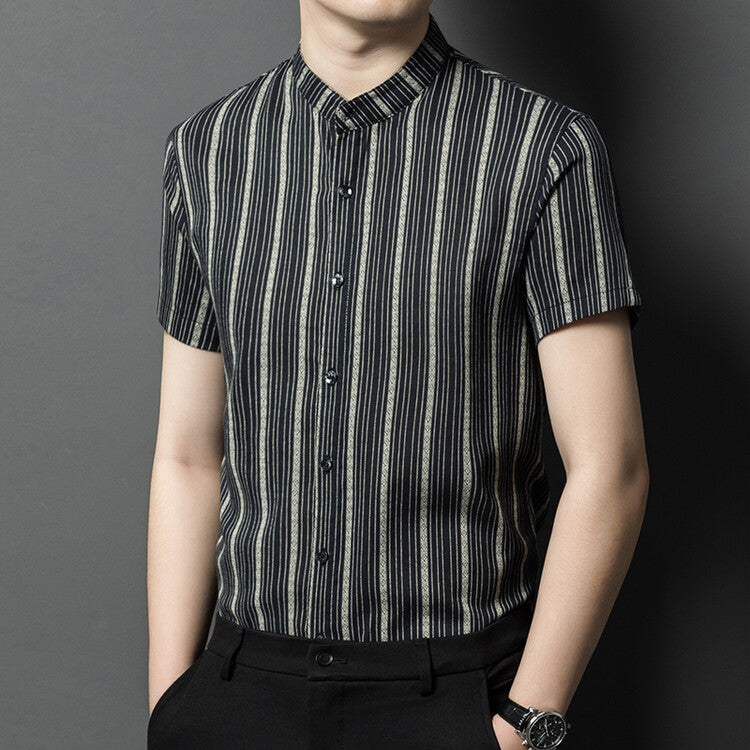 Cotton Stand Collar Chinese Style Short Sleeve Shirt